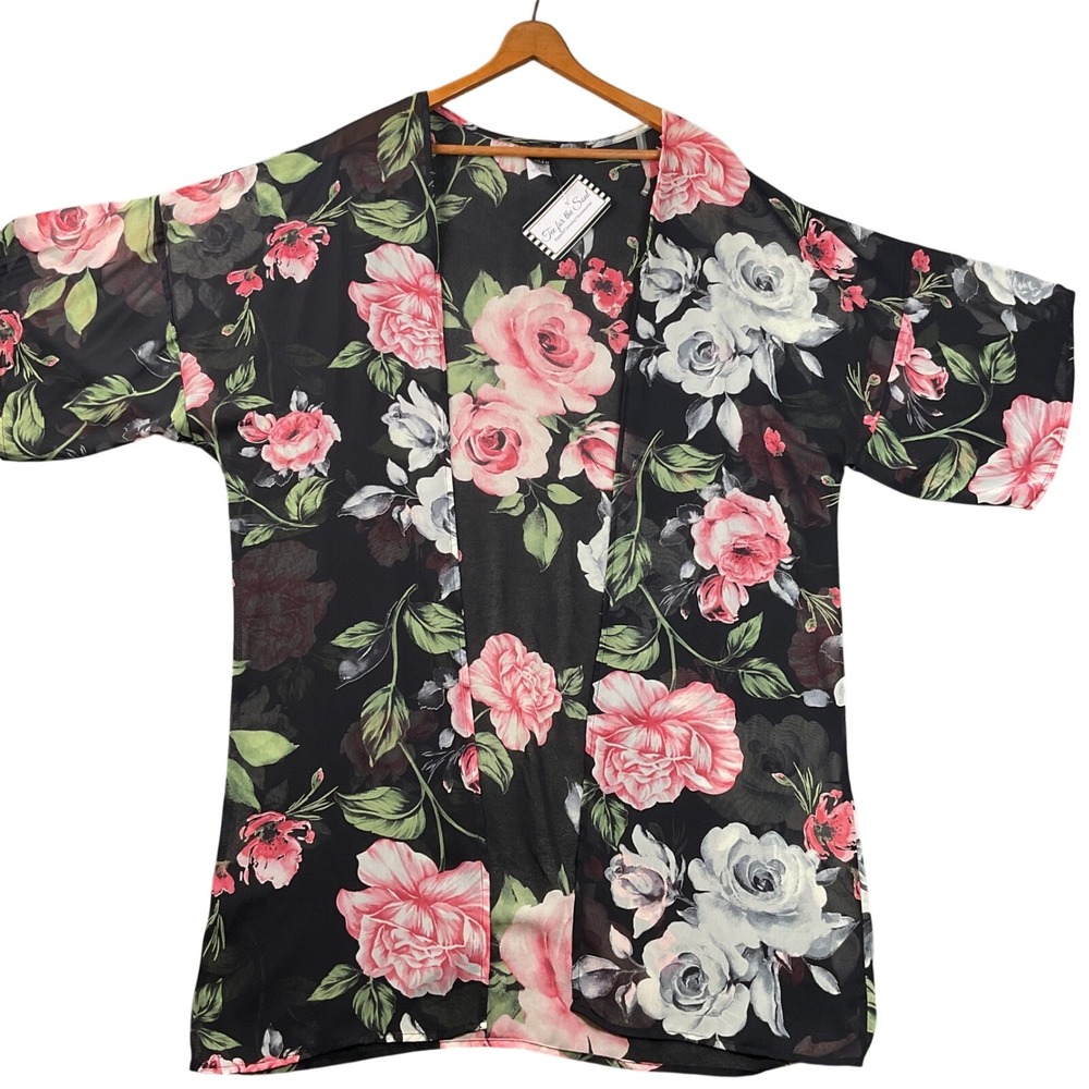 I JOAH Floral Kimono Womens Large Black NEW Rose Print Sheer Open Front Cardigan